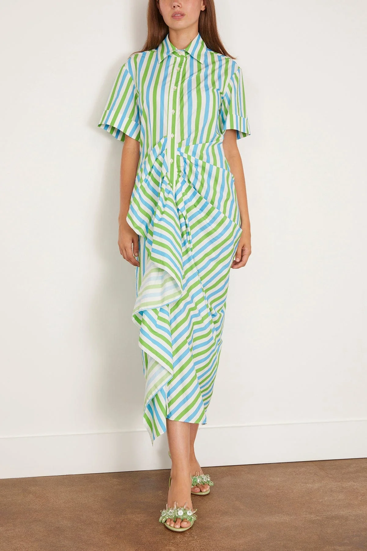 Gathered Ruffle Shirt Dress in Blue/Green Stripe - Image 3