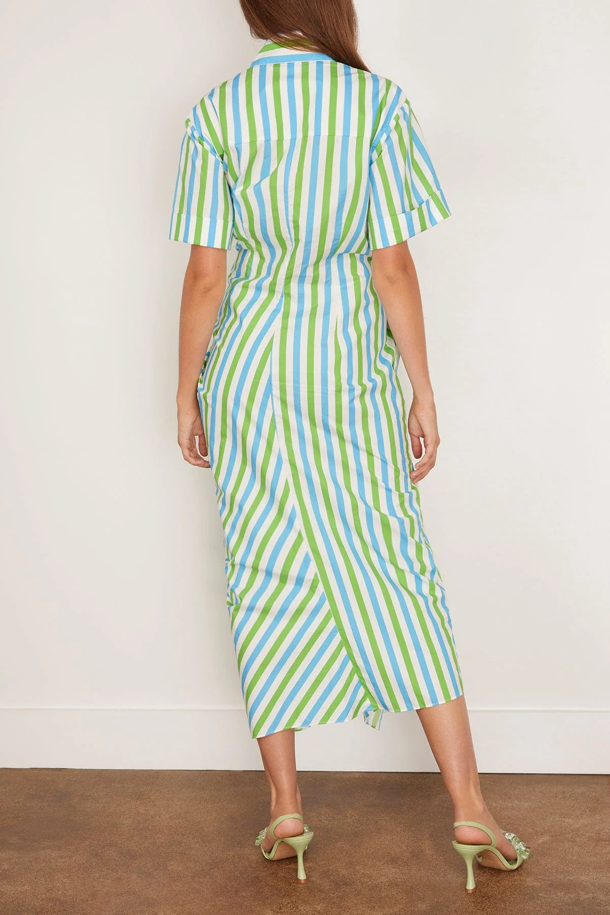 Gathered Ruffle Shirt Dress in Blue/Green Stripe - Image 4