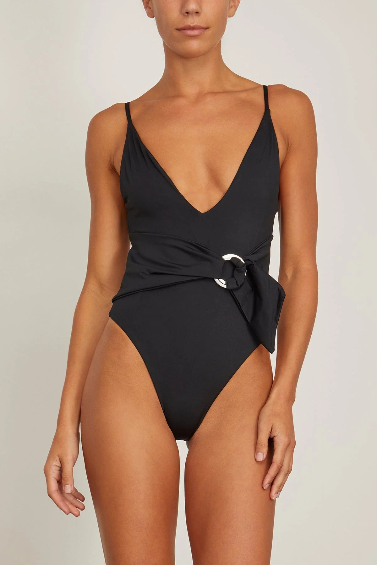 Niya Deep V Tie Waist One Piece Swimsuit in Black - Image 3