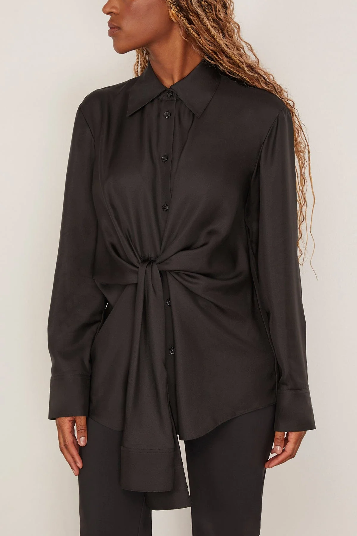Silk Knotted Shirt in Black - Image 3
