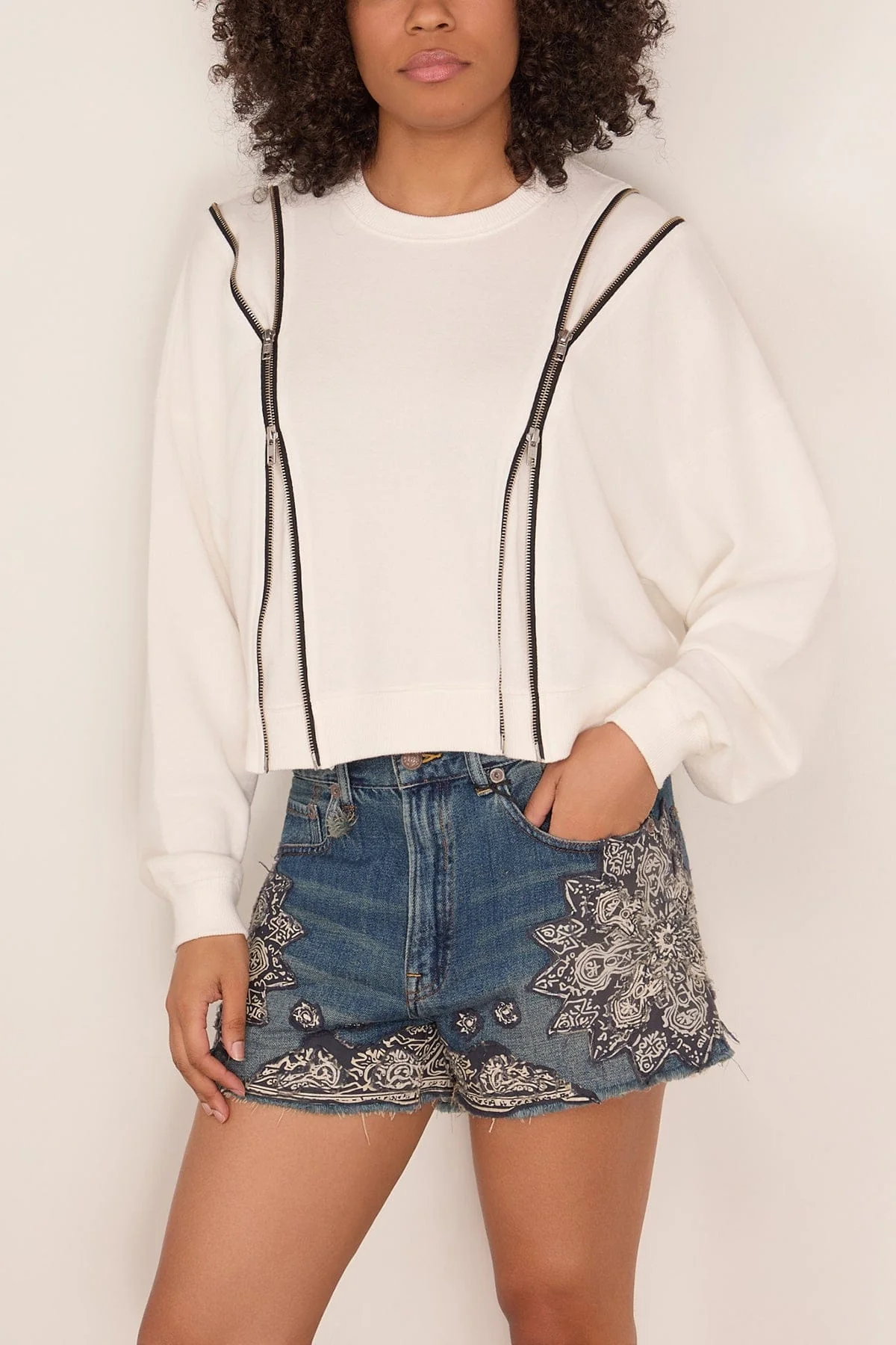 Zippered Crewneck in White - Image 3